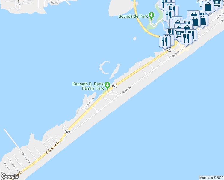 map of restaurants, bars, coffee shops, grocery stores, and more near 222 Lazy Day Drive in Surf City