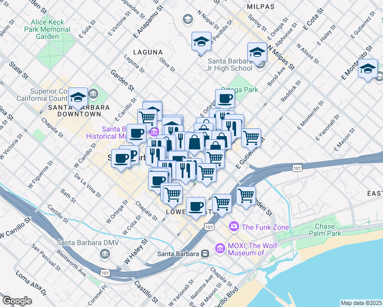 map of restaurants, bars, coffee shops, grocery stores, and more near 221 East Cota Street in Santa Barbara