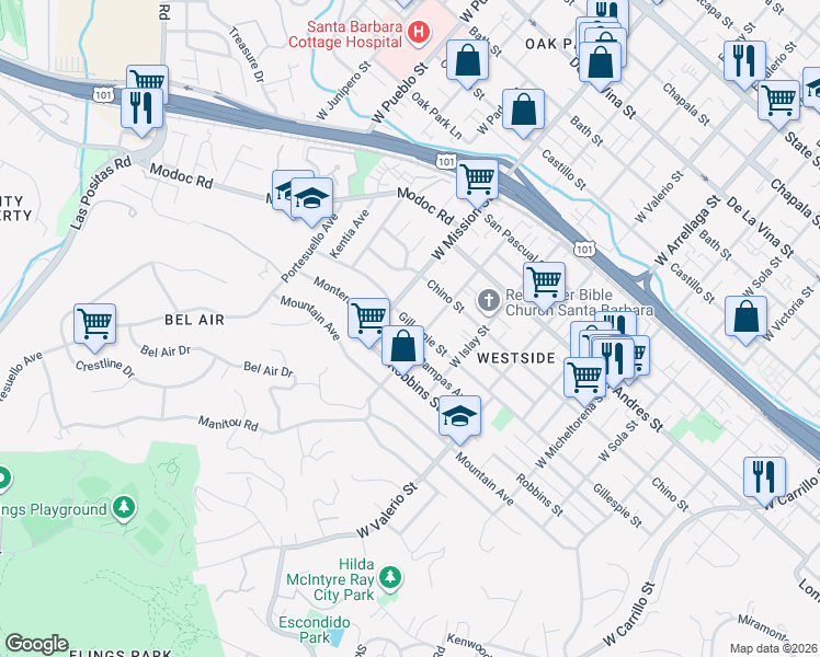 map of restaurants, bars, coffee shops, grocery stores, and more near 1907 Gillespie Street in Santa Barbara