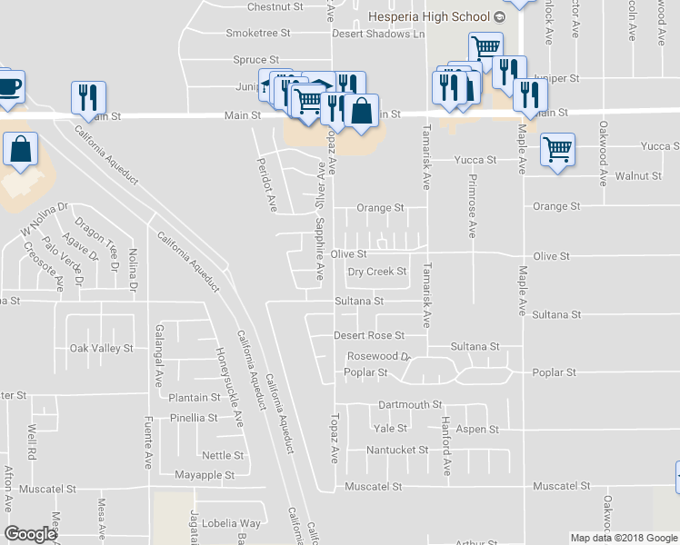 map of restaurants, bars, coffee shops, grocery stores, and more near 9346 Field Stone Avenue in Hesperia