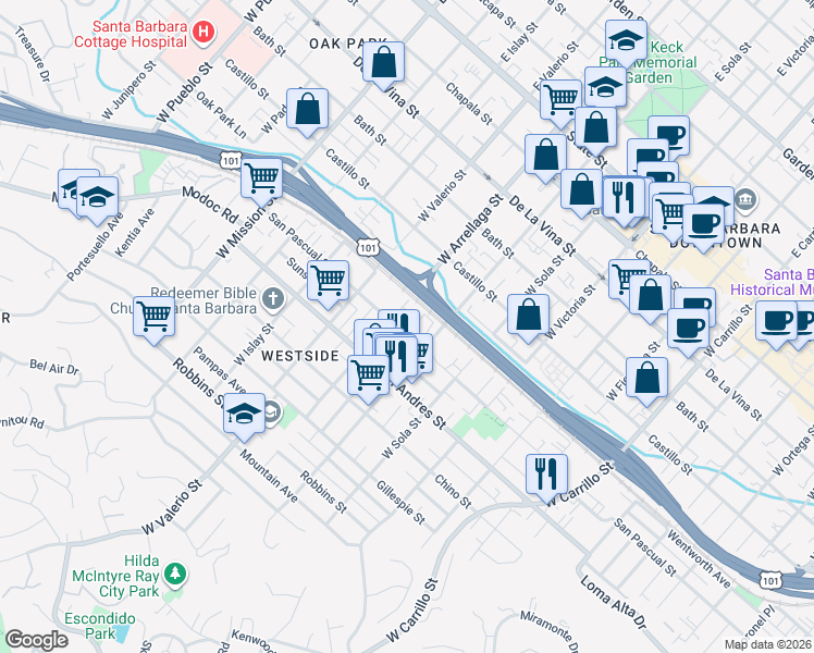 map of restaurants, bars, coffee shops, grocery stores, and more near 1522 San Pascual Street in Santa Barbara
