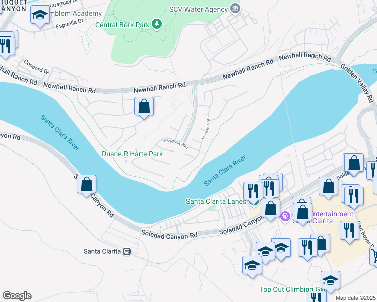 map of restaurants, bars, coffee shops, grocery stores, and more near 22393 Copper Mountain Court in Santa Clarita