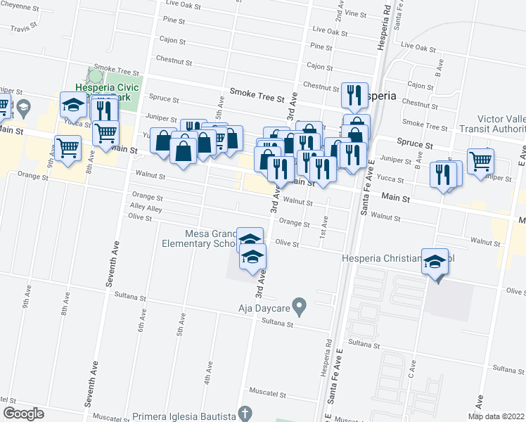 map of restaurants, bars, coffee shops, grocery stores, and more near 16260 Orange Street in Hesperia