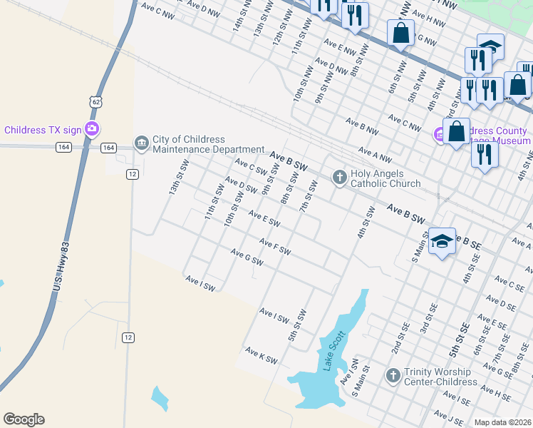 map of restaurants, bars, coffee shops, grocery stores, and more near 400-498 8th Street Southwest in Childress