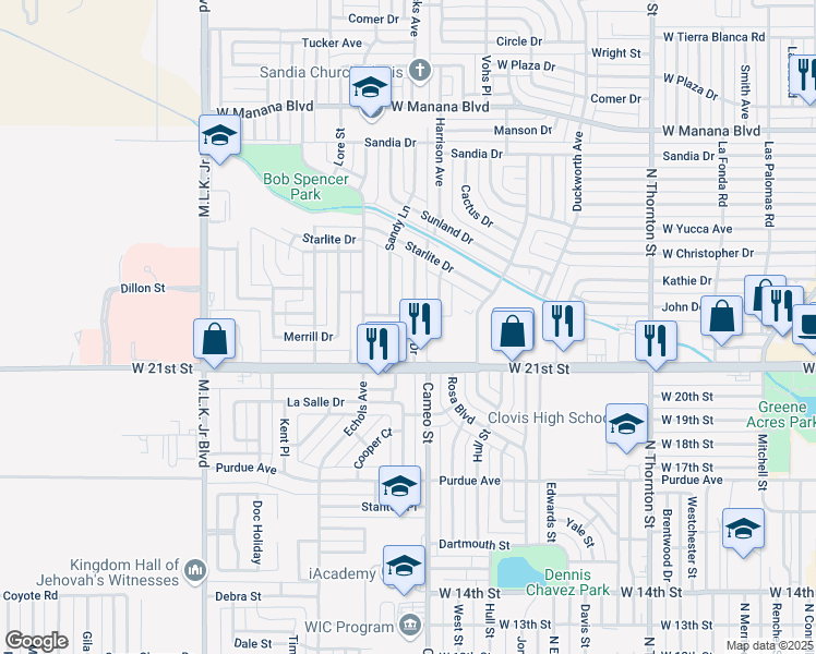 map of restaurants, bars, coffee shops, grocery stores, and more near 124 Sasser Drive in Clovis