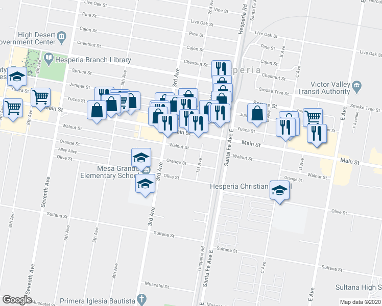 map of restaurants, bars, coffee shops, grocery stores, and more near 16429 Walnut Street in Hesperia