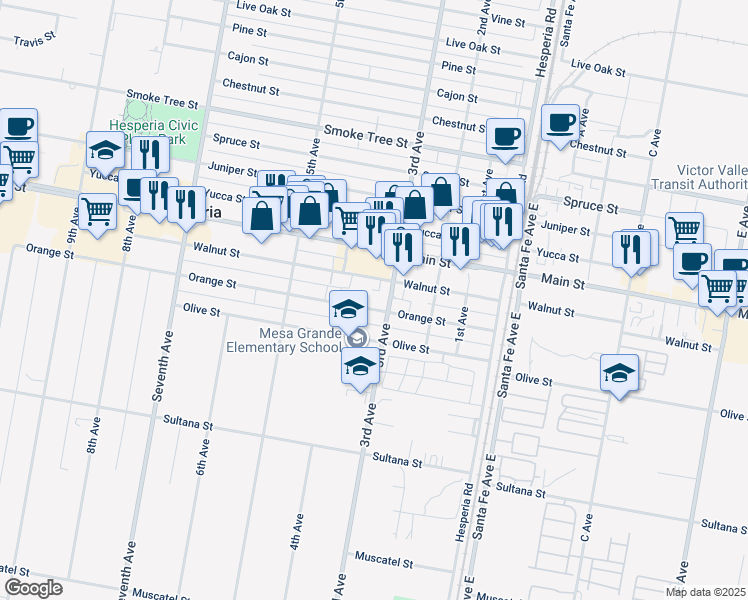 map of restaurants, bars, coffee shops, grocery stores, and more near 16260 Orange Street in Hesperia