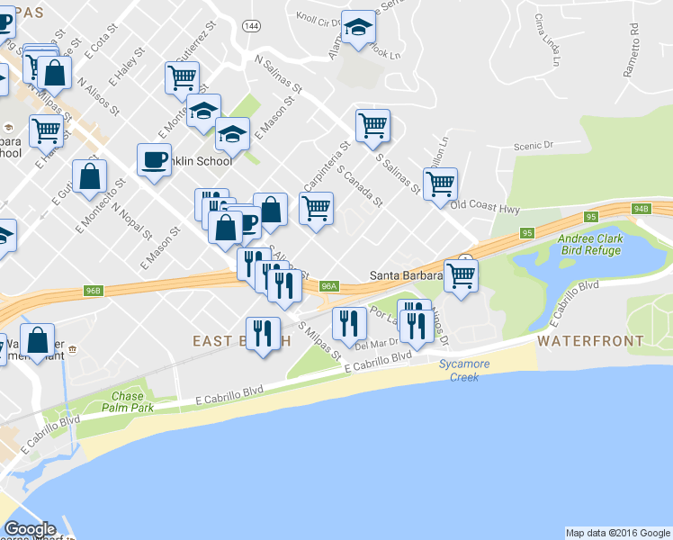 map of restaurants, bars, coffee shops, grocery stores, and more near 302 South Voluntario Street in Santa Barbara