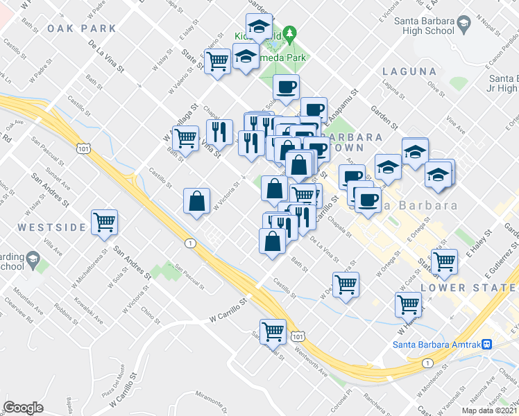 map of restaurants, bars, coffee shops, grocery stores, and more near 223 West Anapamu Street in Santa Barbara