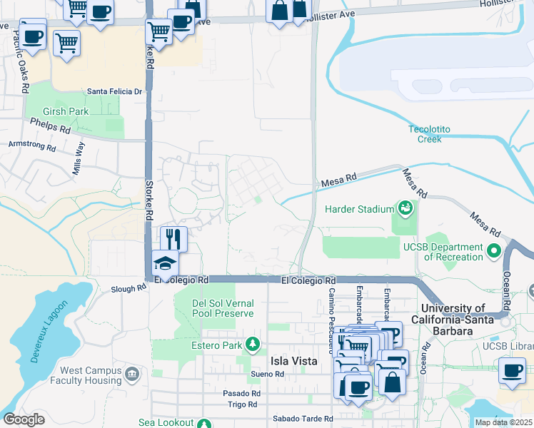 map of restaurants, bars, coffee shops, grocery stores, and more near 768 Laurel Walk in Isla Vista