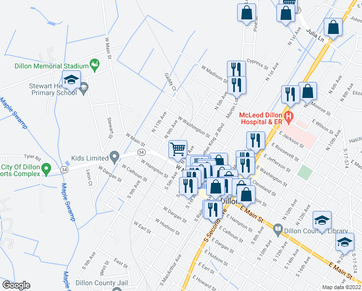 map of restaurants, bars, coffee shops, grocery stores, and more near 400-498 West Harrison Street in Dillon