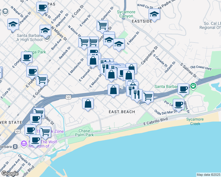 map of restaurants, bars, coffee shops, grocery stores, and more near 16 Ashley Avenue in Santa Barbara