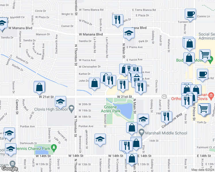map of restaurants, bars, coffee shops, grocery stores, and more near 200 Murray Drive in Clovis