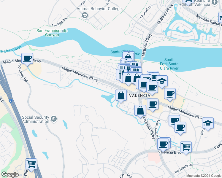 map of restaurants, bars, coffee shops, grocery stores, and more near 24702 Avignon Drive in Santa Clarita