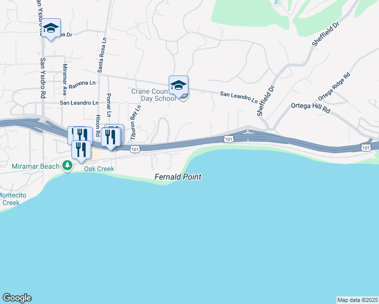 map of restaurants, bars, coffee shops, grocery stores, and more near 1807 Fernald Point Lane in Montecito