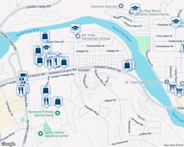 map of restaurants, bars, coffee shops, grocery stores, and more near 2696 Golden Triangle Road in Santa Clarita