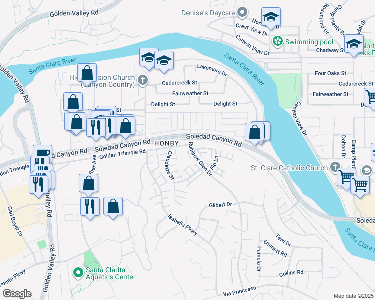 map of restaurants, bars, coffee shops, grocery stores, and more near 26961 Rainbow Glen Drive in Santa Clarita