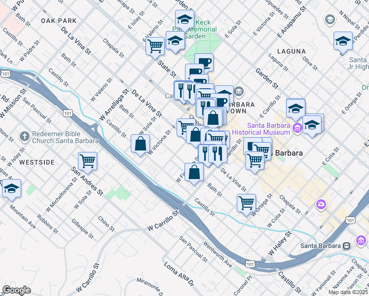 map of restaurants, bars, coffee shops, grocery stores, and more near 217 West Anapamu Street in Santa Barbara