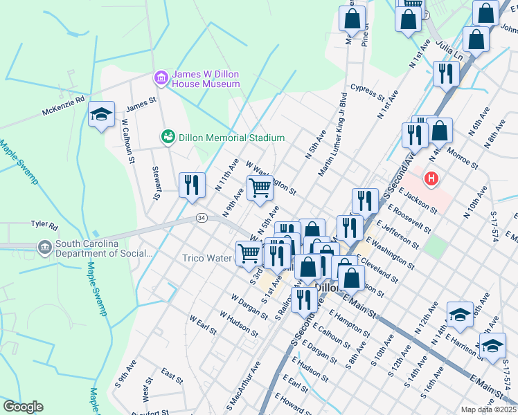 map of restaurants, bars, coffee shops, grocery stores, and more near 400-498 West Harrison Street in Dillon