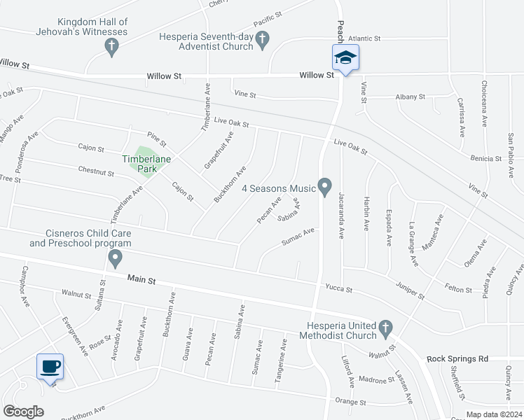 map of restaurants, bars, coffee shops, grocery stores, and more near 9320 Pecan Avenue in Hesperia