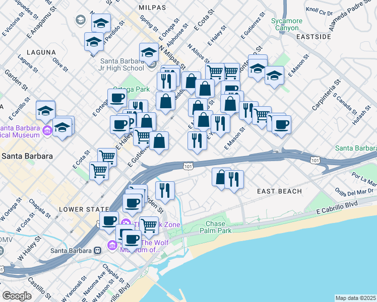 map of restaurants, bars, coffee shops, grocery stores, and more near 208 N Calle Cesar Chavez in Santa Barbara
