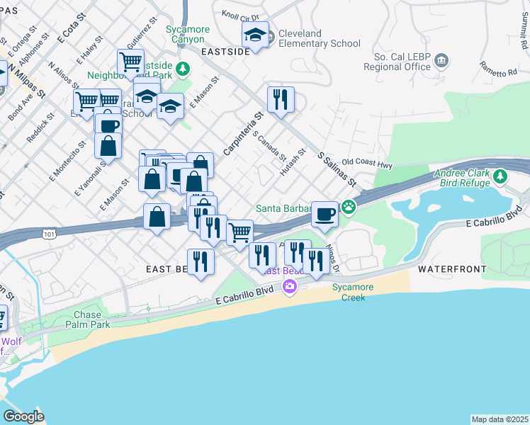 map of restaurants, bars, coffee shops, grocery stores, and more near 309 South Voluntario Street in Santa Barbara