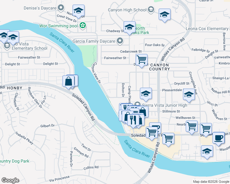 map of restaurants, bars, coffee shops, grocery stores, and more near 27419 Fairport Avenue in Santa Clarita