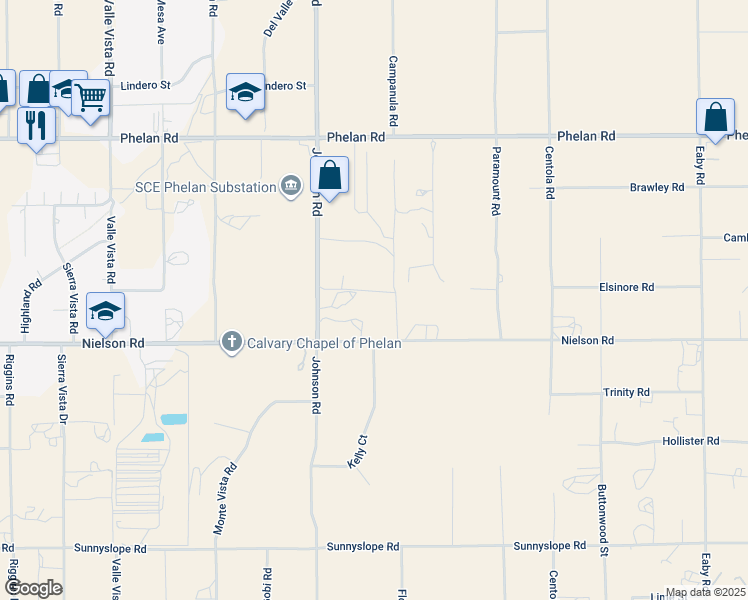 map of restaurants, bars, coffee shops, grocery stores, and more near 5045 Elsinore Road in Phelan