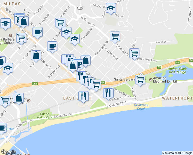 map of restaurants, bars, coffee shops, grocery stores, and more near 217 South Alisos Street in Santa Barbara