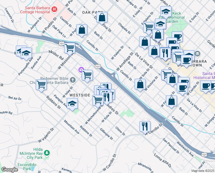 map of restaurants, bars, coffee shops, grocery stores, and more near 1504 San Pascual Street in Santa Barbara