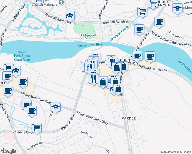 map of restaurants, bars, coffee shops, grocery stores, and more near 23504 Cinema Drive in Santa Clarita