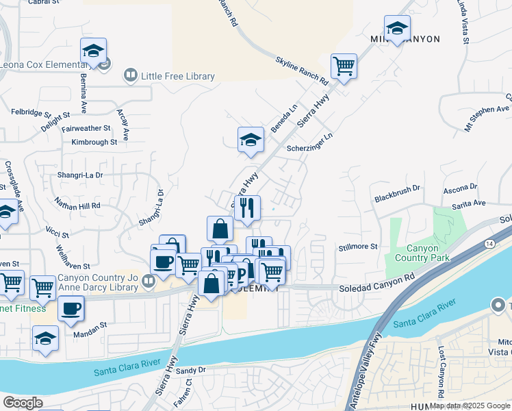 map of restaurants, bars, coffee shops, grocery stores, and more near 18149 Sundowner Way in Santa Clarita