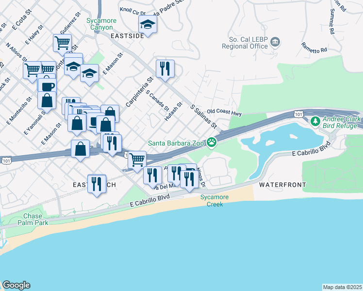 map of restaurants, bars, coffee shops, grocery stores, and more near 1200 Punta Gorda Street in Santa Barbara