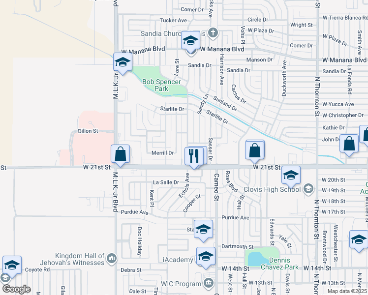 map of restaurants, bars, coffee shops, grocery stores, and more near 2104 Echols Ave in Clovis