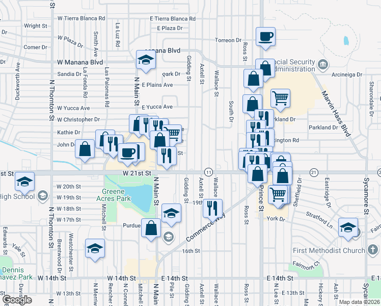map of restaurants, bars, coffee shops, grocery stores, and more near 2121 Gidding Street in Clovis