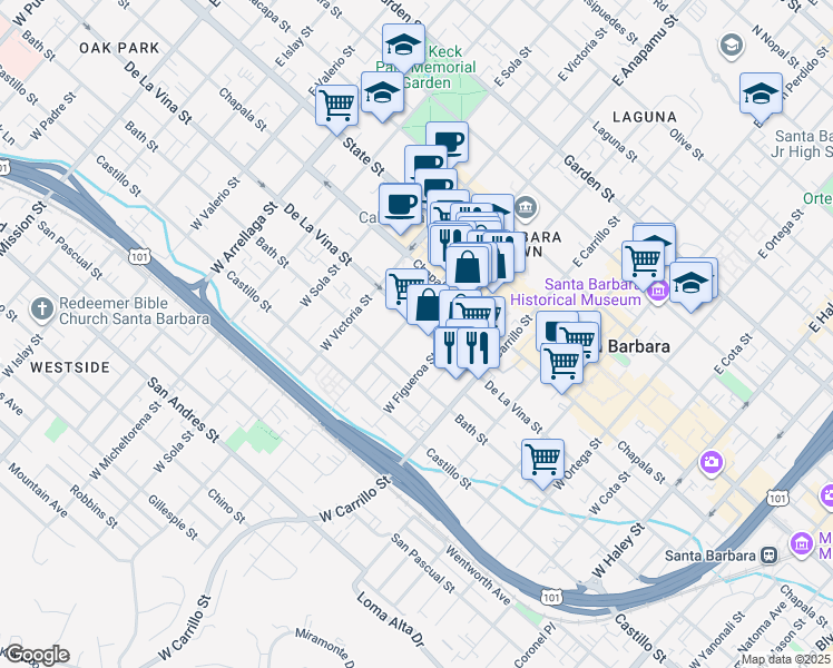 map of restaurants, bars, coffee shops, grocery stores, and more near 1125 De La Vina Street in Santa Barbara