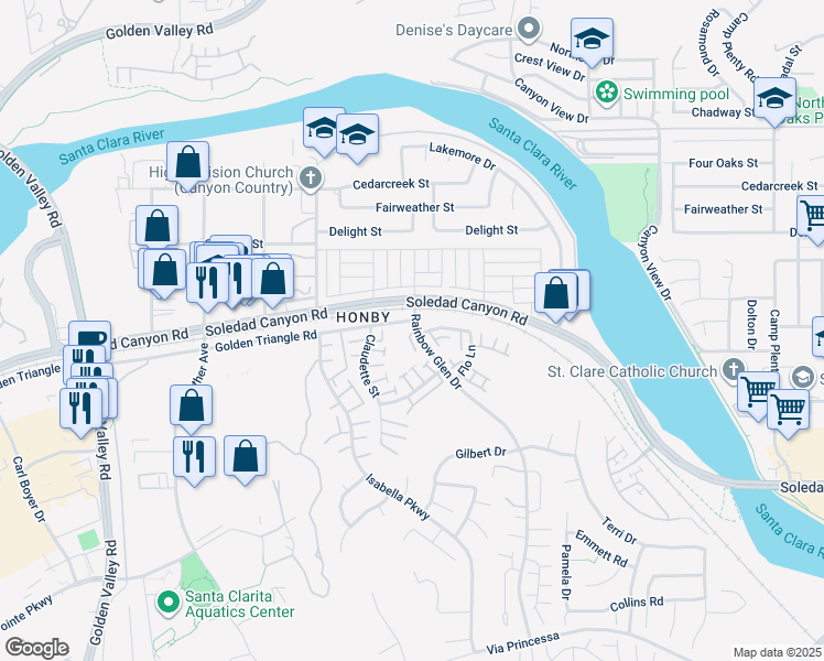 map of restaurants, bars, coffee shops, grocery stores, and more near 26961 Rainbow Glen Drive in Santa Clarita