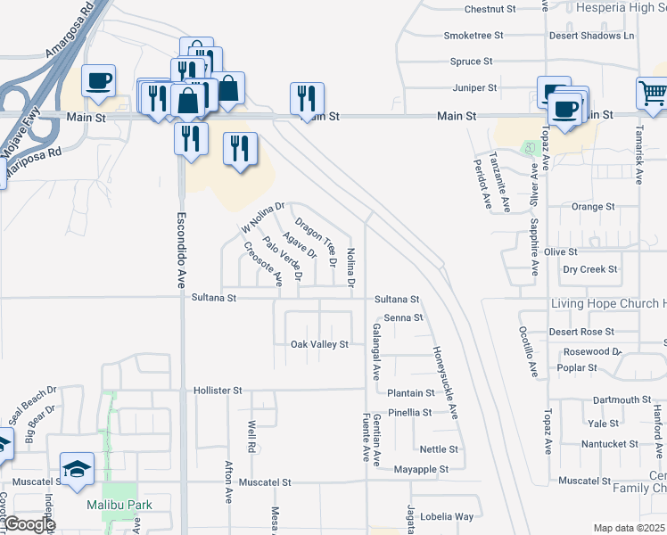 map of restaurants, bars, coffee shops, grocery stores, and more near 9373 Dragon Tree Drive in Hesperia