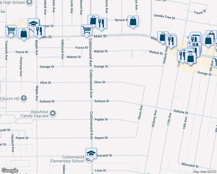 map of restaurants, bars, coffee shops, grocery stores, and more near 15005 Olive Street in Hesperia