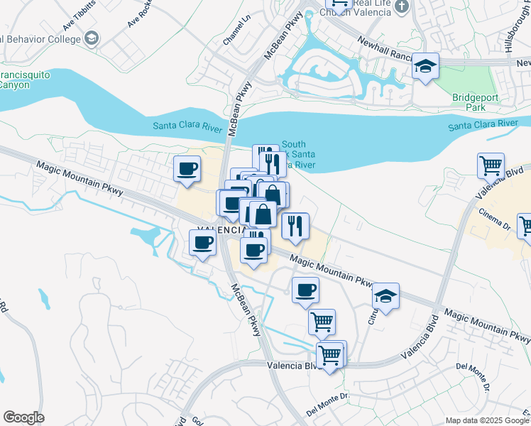 map of restaurants, bars, coffee shops, grocery stores, and more near 24307 Magic Mountain Parkway in Santa Clarita