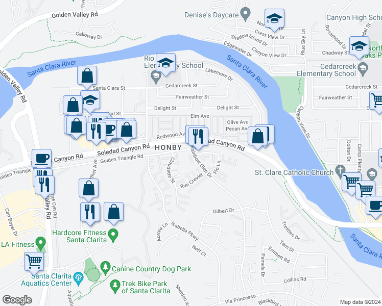map of restaurants, bars, coffee shops, grocery stores, and more near 2696 Golden Triangle Road in Santa Clarita