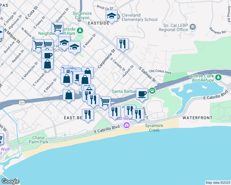 map of restaurants, bars, coffee shops, grocery stores, and more near 309 South Voluntario Street in Santa Barbara
