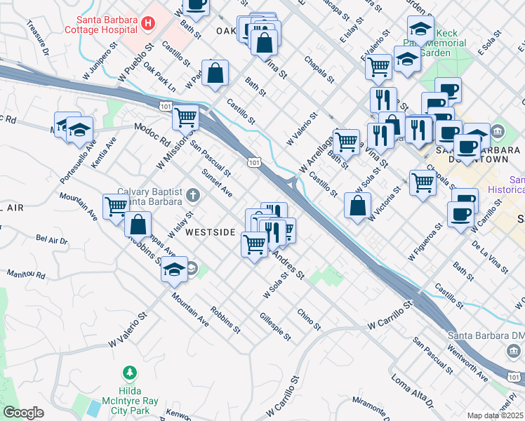 map of restaurants, bars, coffee shops, grocery stores, and more near 601 West Arrellaga Street in Santa Barbara
