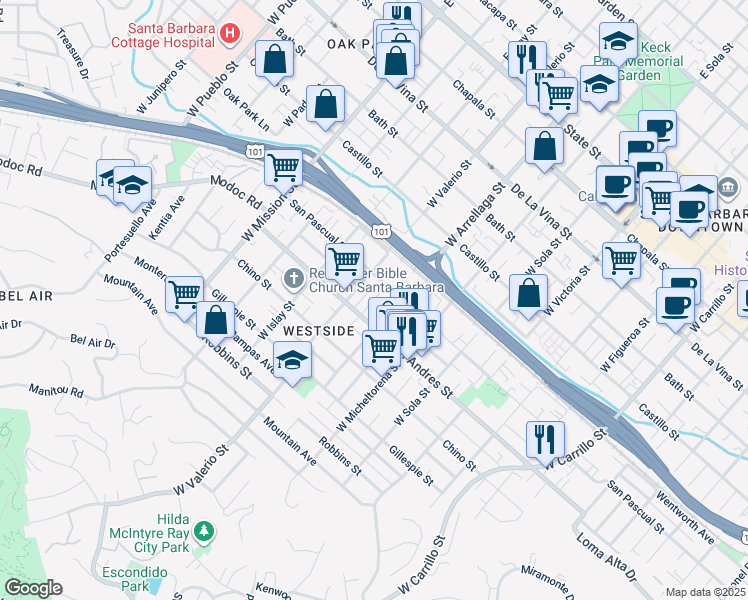 map of restaurants, bars, coffee shops, grocery stores, and more near 626 Mulberry Avenue in Santa Barbara