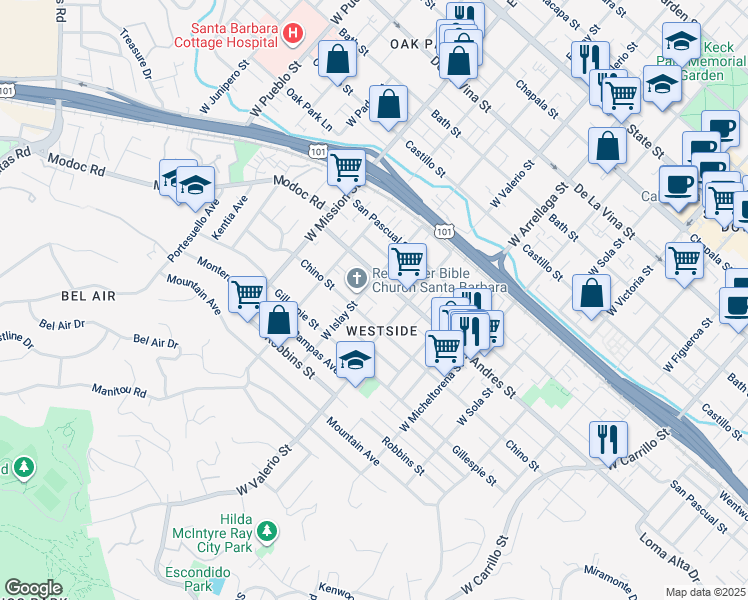 map of restaurants, bars, coffee shops, grocery stores, and more near 716 West Valerio Street in Santa Barbara