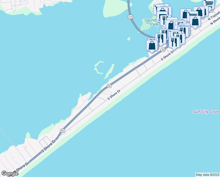 map of restaurants, bars, coffee shops, grocery stores, and more near 813A Now Boys Loop Road in Surf City
