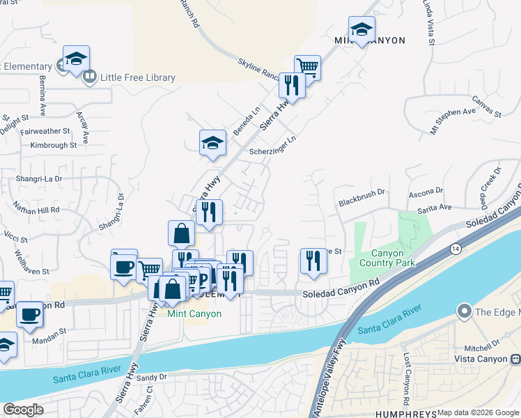 map of restaurants, bars, coffee shops, grocery stores, and more near 18015 Sundowner Way in Santa Clarita