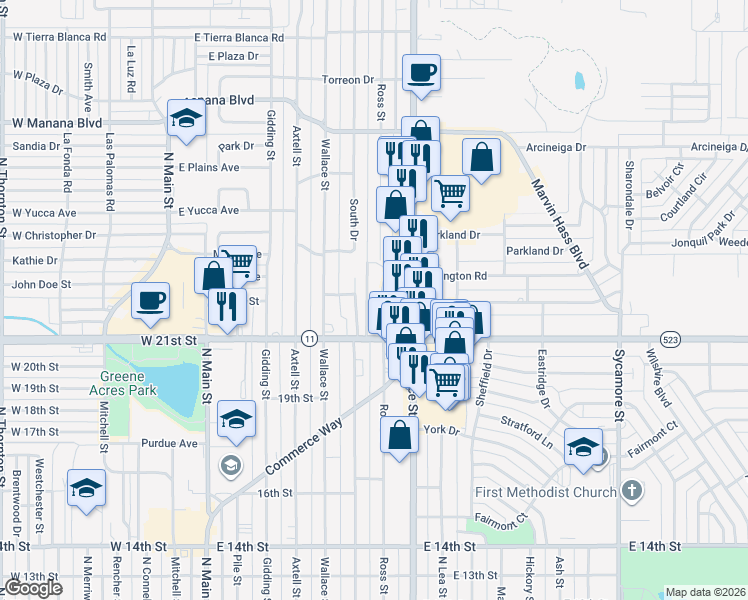 map of restaurants, bars, coffee shops, grocery stores, and more near 2122 Ross Street in Clovis