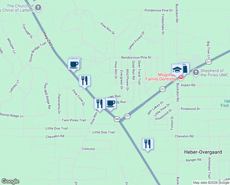 map of restaurants, bars, coffee shops, grocery stores, and more near 1992 Red Deer Run in Heber-Overgaard