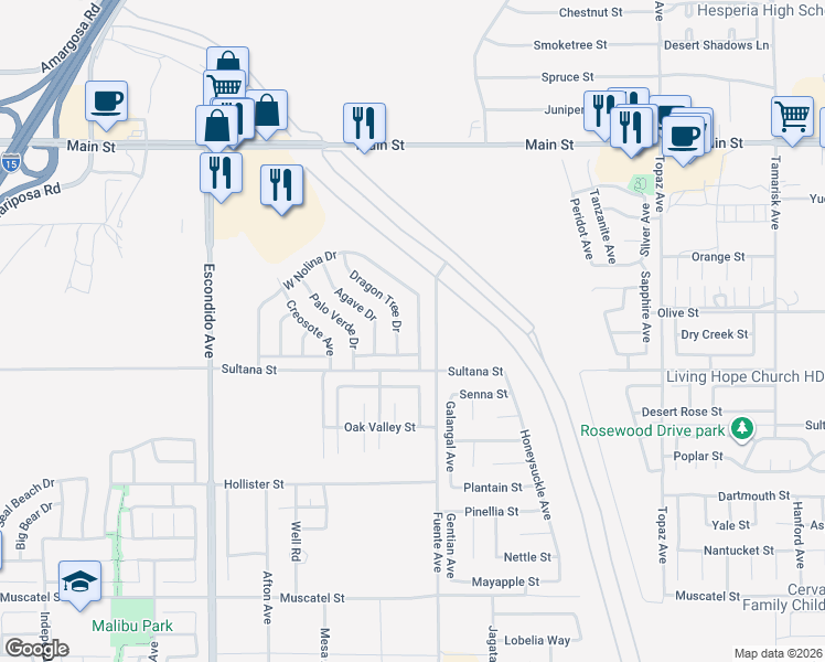 map of restaurants, bars, coffee shops, grocery stores, and more near 9339 Nolina Drive in Hesperia
